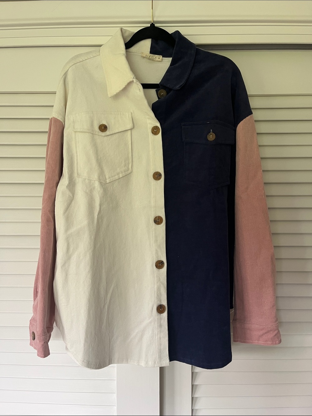 Colorblock Corduroy Shacket - Navy, Cream & Dusty Pink